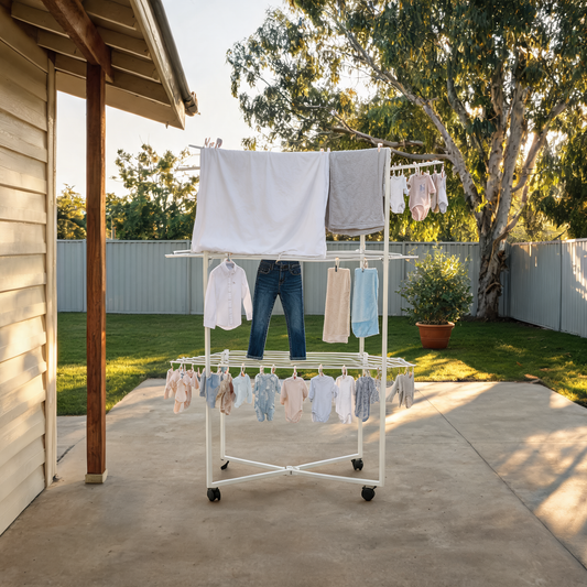 WarmyNest aluminium tower clothes airer in white, all six wings open and loaded with towels and sheets