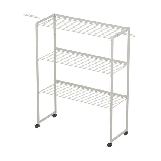 White 3-tier clothes airer shown open from the front, 120cm wide and 157cm tall