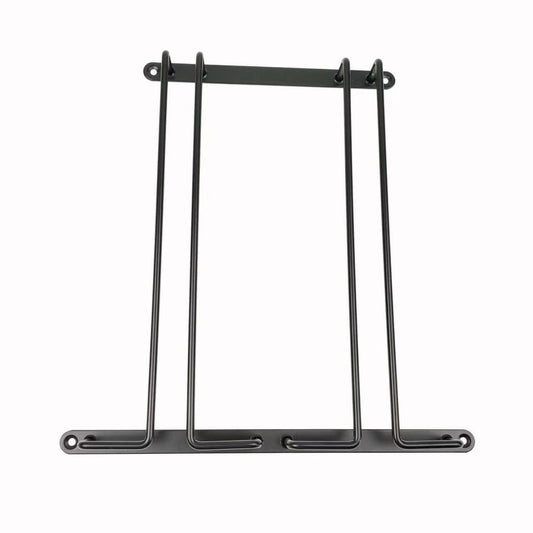 Under-shelf wine glass rack in matte black steel, front view, two flat mounting bars and four rails