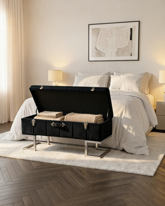 wn-hover-usescene Velvet Storage Ottoman Bench with Silver Iron Base — Black | 105cm