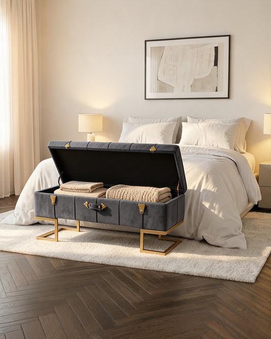 wn-hover-usescene Velvet Storage Ottoman Bench with Gold Iron Base — Grey | 105cm