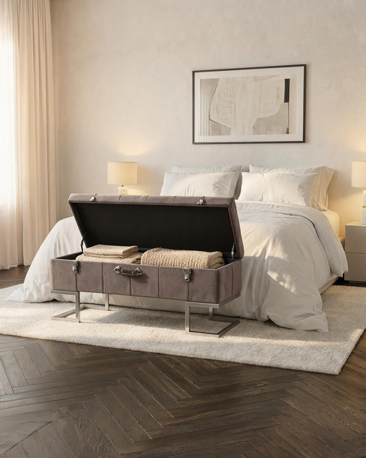 wn-hover-usescene Velvet Storage Ottoman Bench with Silver Iron Base — Grey | 105cm