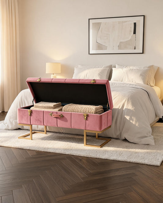 wn-hover-usescene Velvet Storage Ottoman Bench with Gold Iron Base — Pink | 105cm