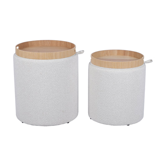 Chenille Fabric Round Storage Ottoman Stool with Tray Set of 2 — Beige