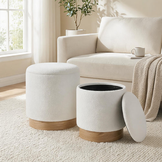 wn-hover-usescene boucle-fabric-round-storage-ottoman-stool-set-of-2-wood-base