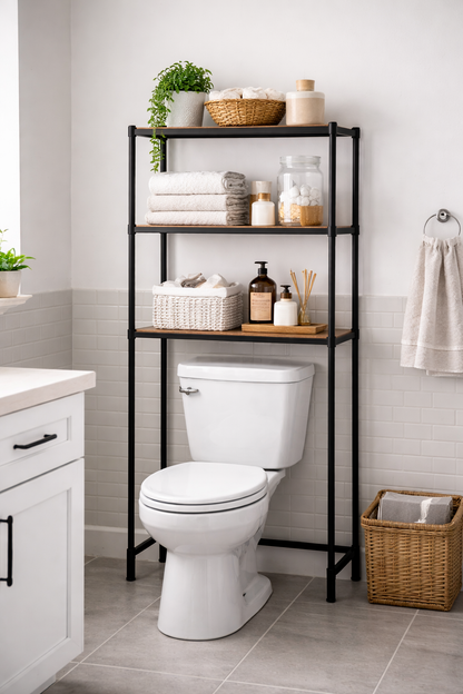 Black over-toilet shelving unit standing over a toilet, three shelves with towels and toiletries