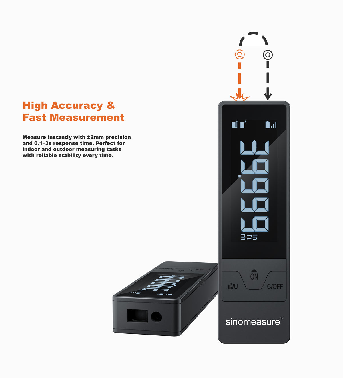 The M4 shown upright with its backlit LED screen lit, and lying on its side to show the laser emitter and receiver windows