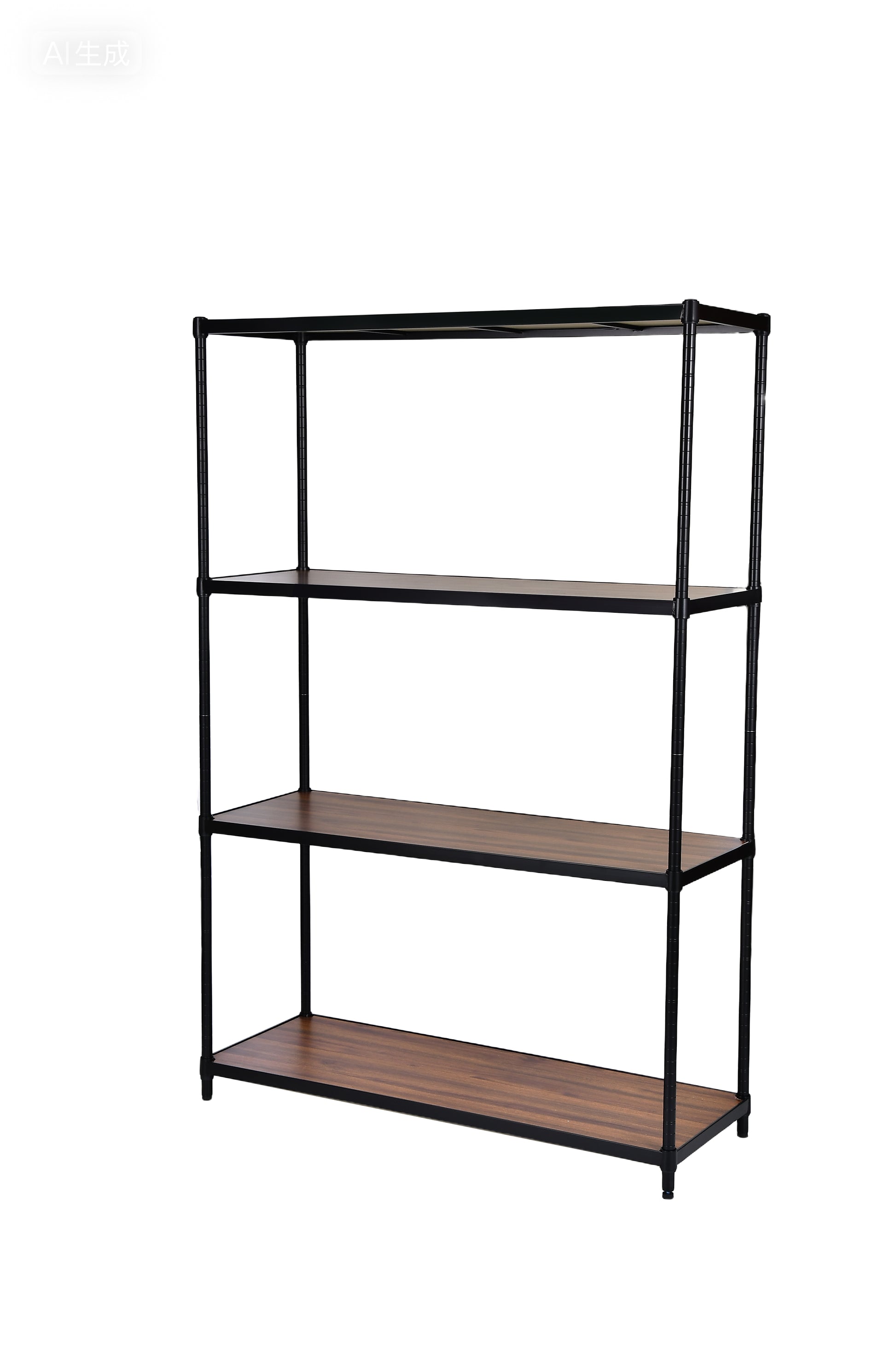 Wide four-tier black freestanding shelving unit, 120cm, walnut-tone wood-look shelves