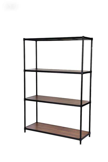 Wide four-tier black freestanding shelving unit, 120cm, walnut-tone wood-look shelves