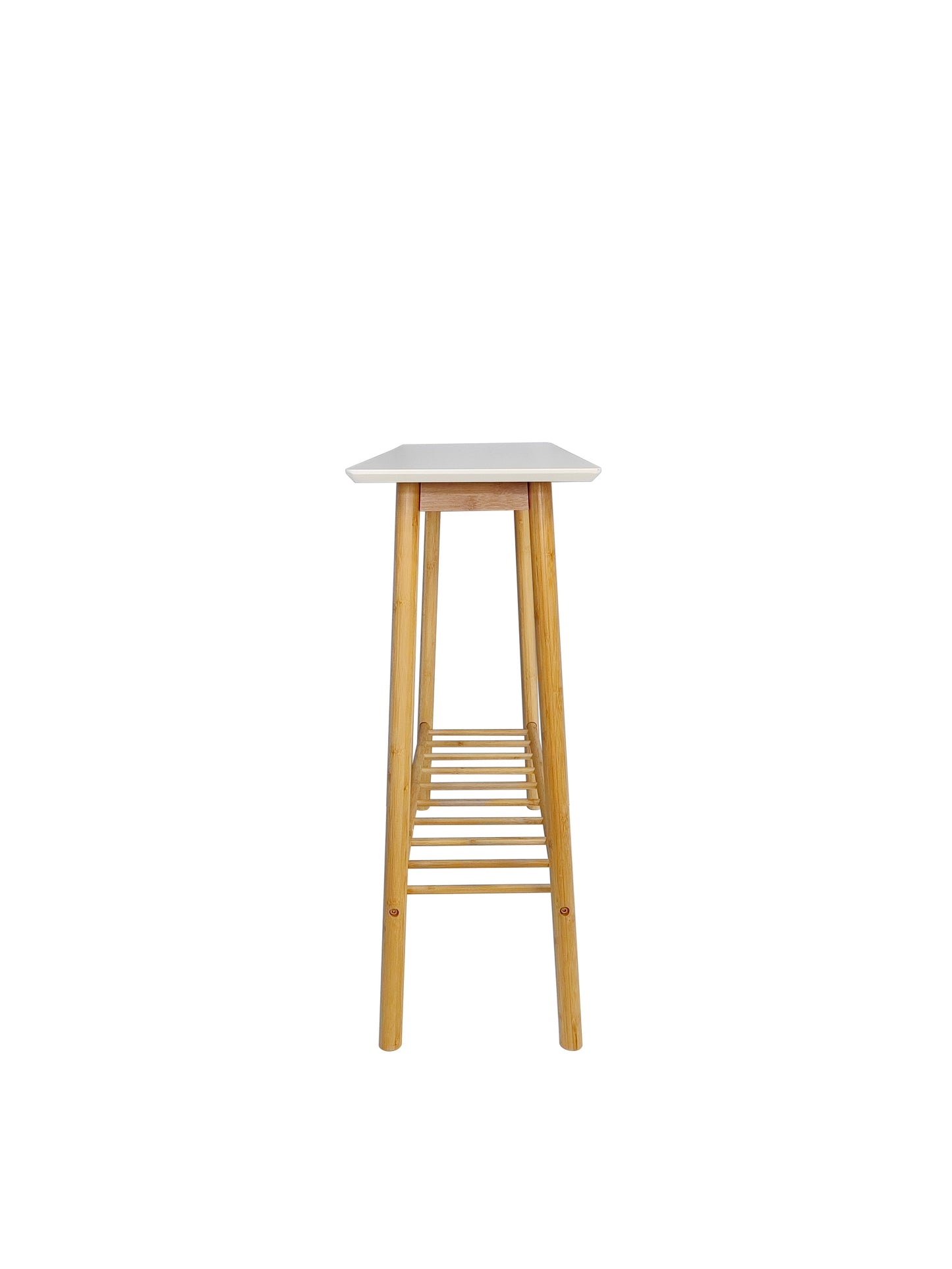Bamboo side table with white top from the side, showing its shallow depth