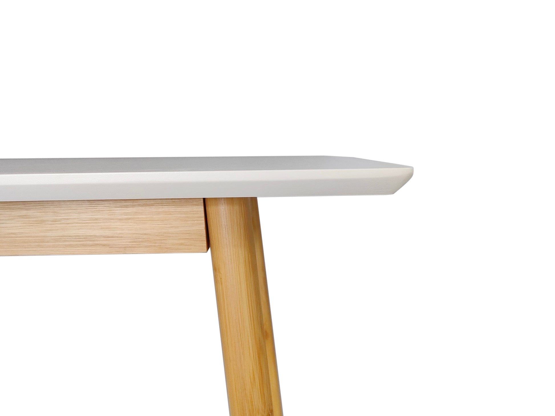 Close view of the solid bamboo frame and clean white top