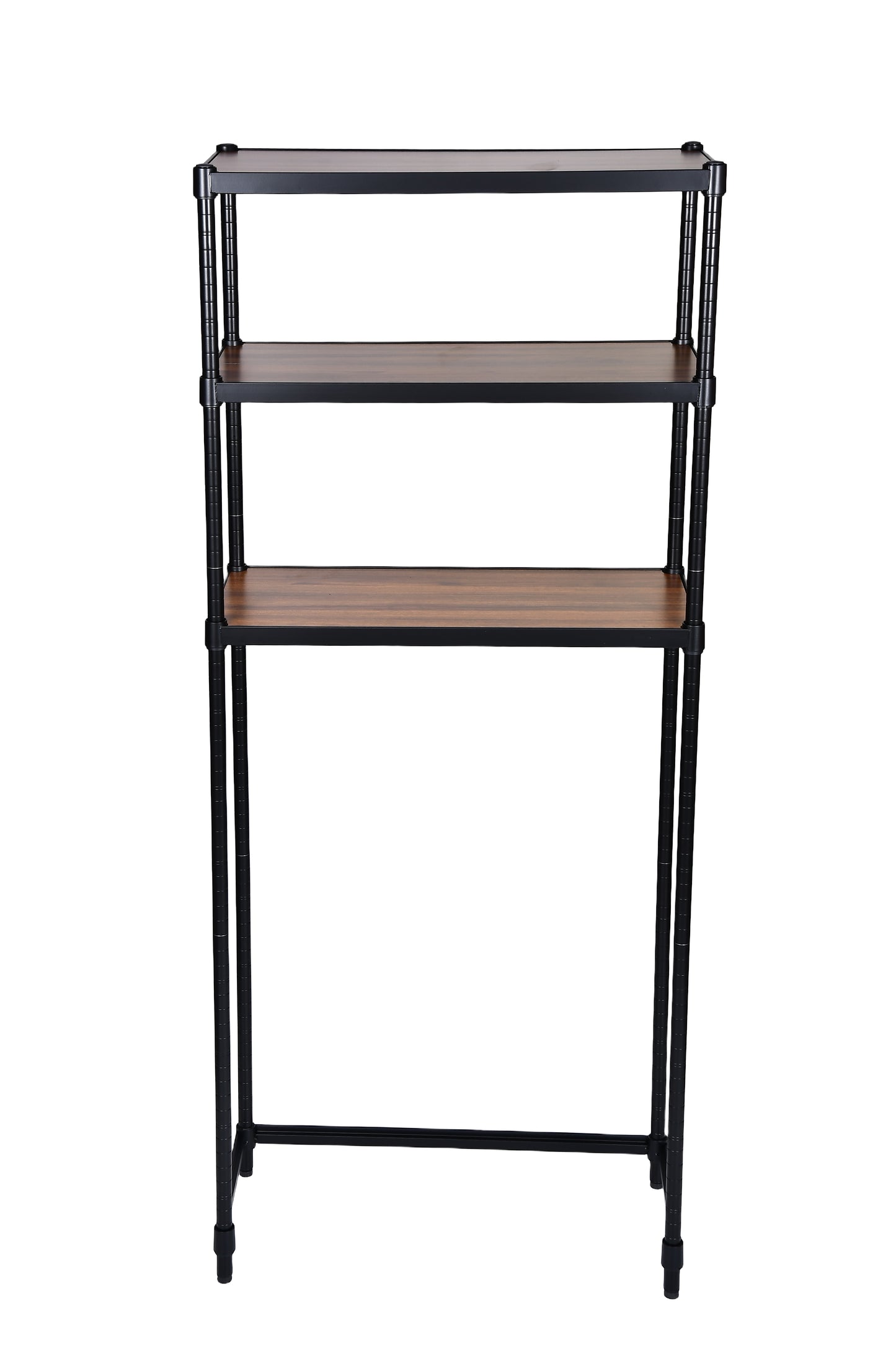 Over-toilet and laundry shelving unit, black metal frame with walnut-tone shelves
