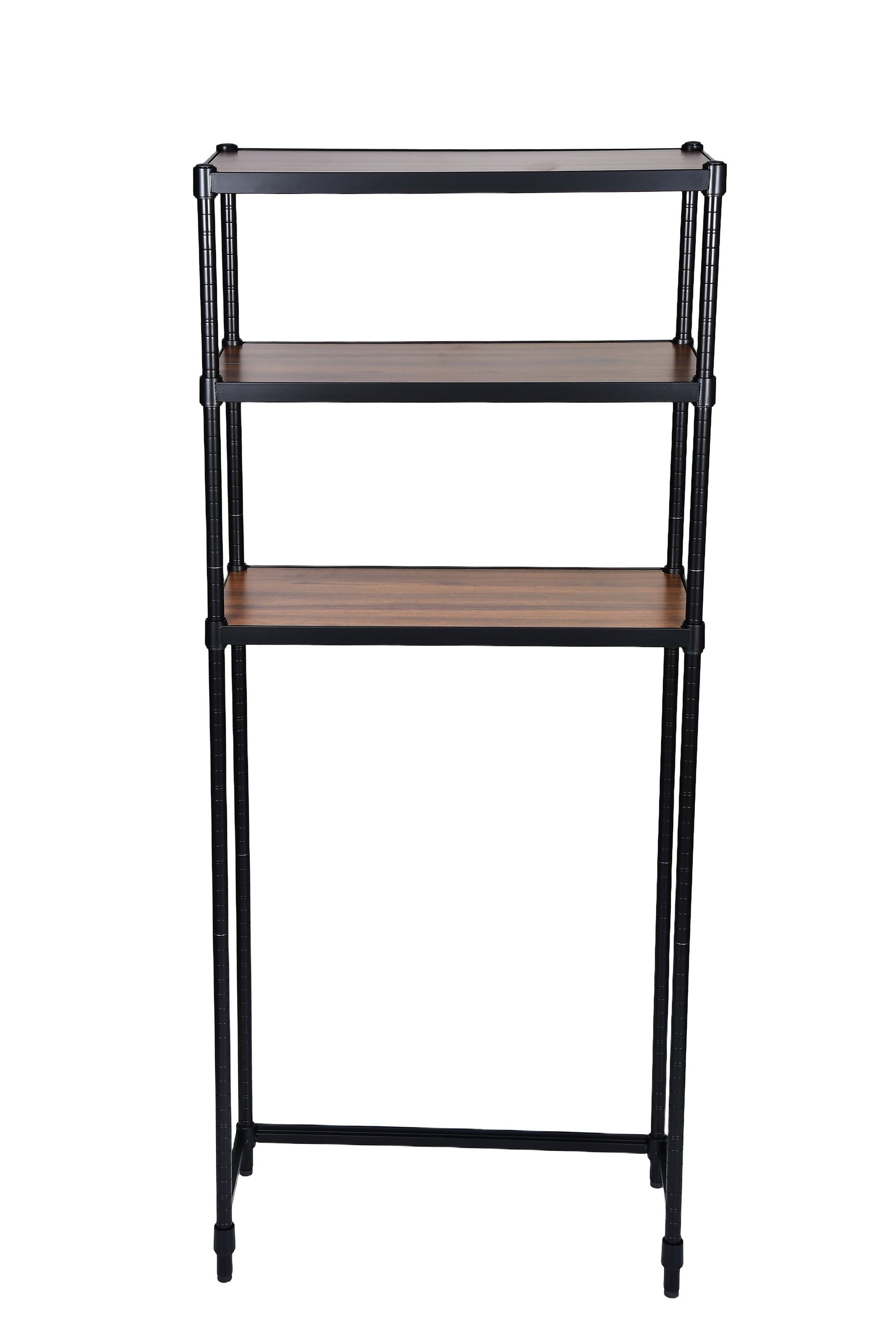 Over-toilet and laundry shelving unit, black metal frame with walnut-tone shelves