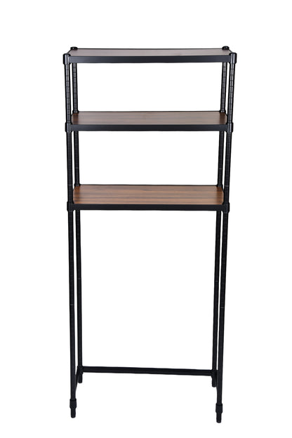 Over-toilet and laundry shelving unit, black metal frame with walnut-tone shelves