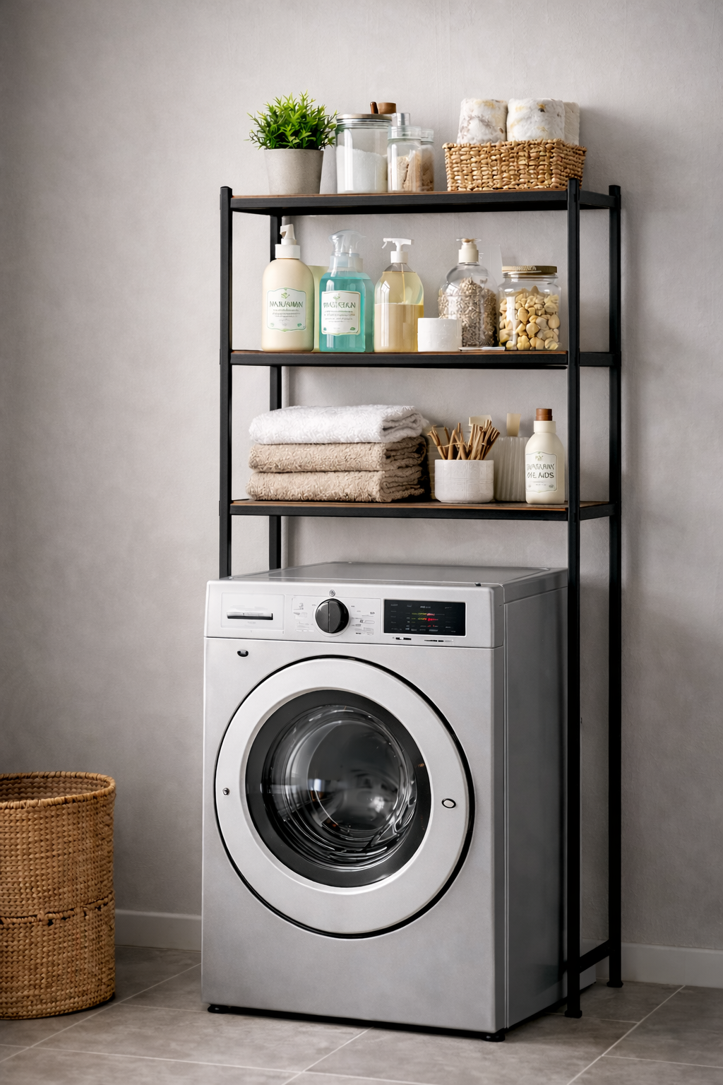 Three-tier over-machine shelving unit styled in a laundry