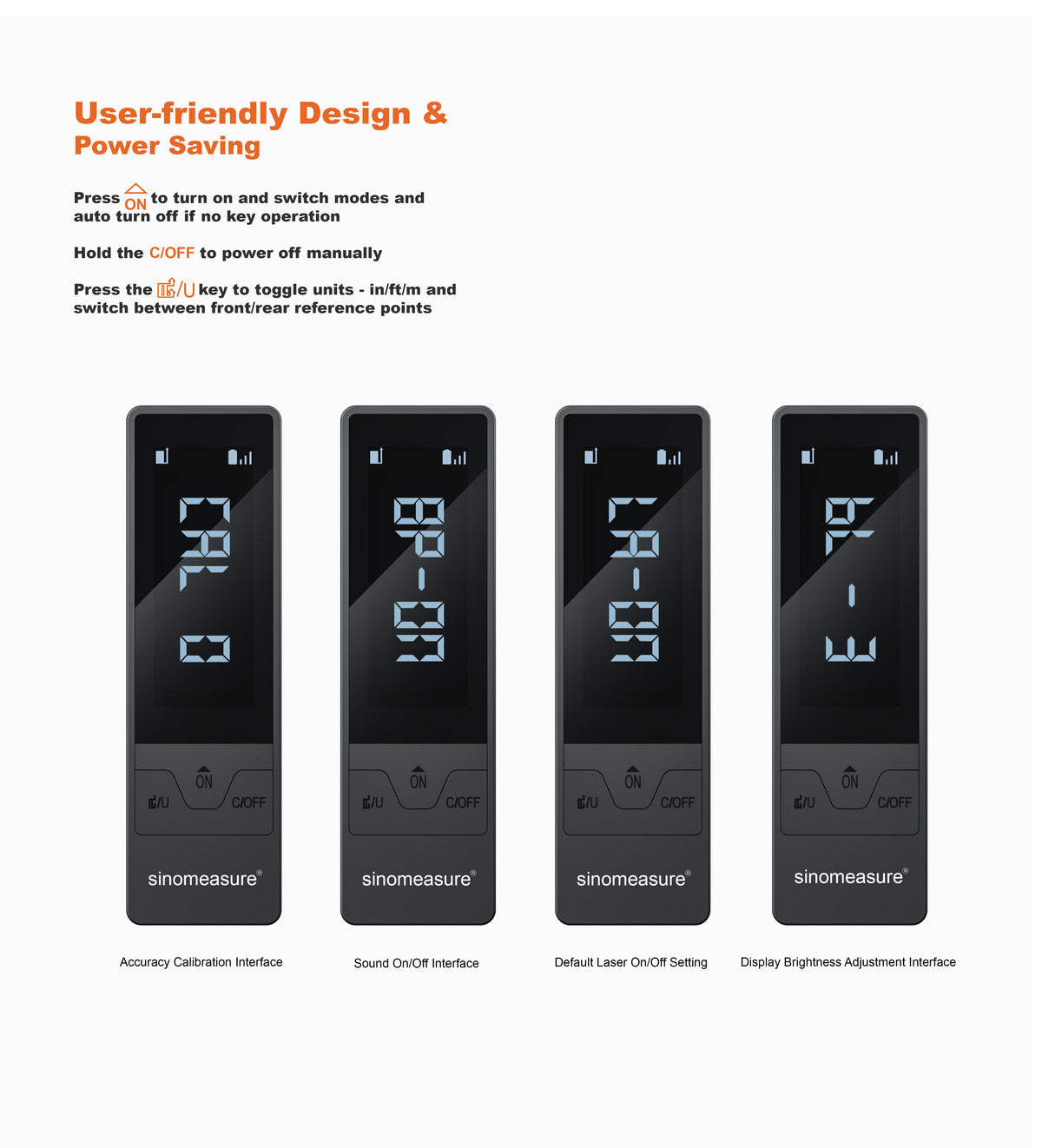 Four setting screens on the M4: accuracy calibration, sound, default laser and screen brightness