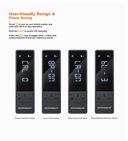 Four setting screens on the M4: accuracy calibration, sound, default laser and screen brightness