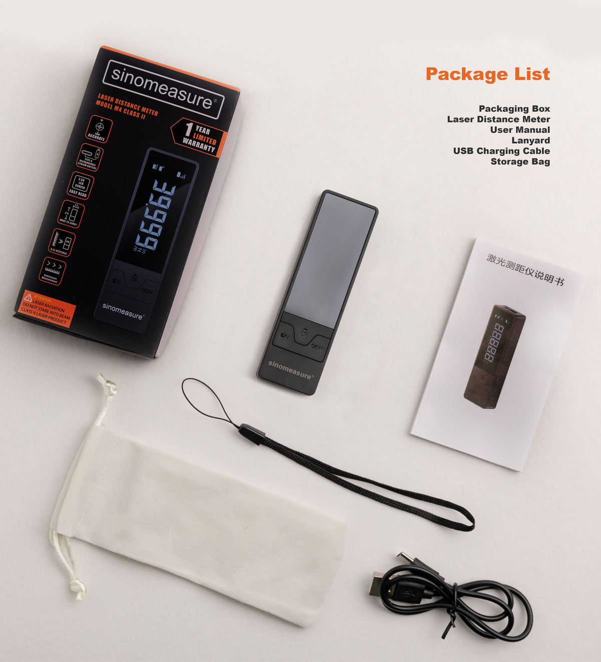 What comes in the box: the M4 laser distance meter, packaging box, user manual, lanyard, USB charging cable and storage pouch