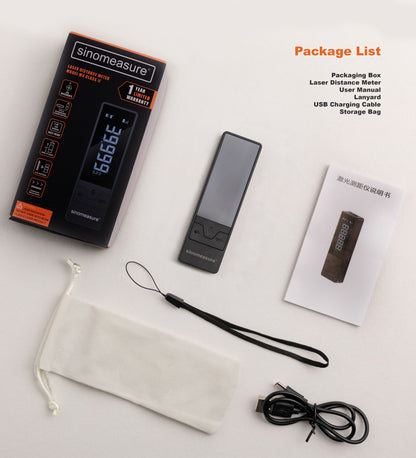 What comes in the box: the M4 laser distance meter, packaging box, user manual, lanyard, USB charging cable and storage pouch