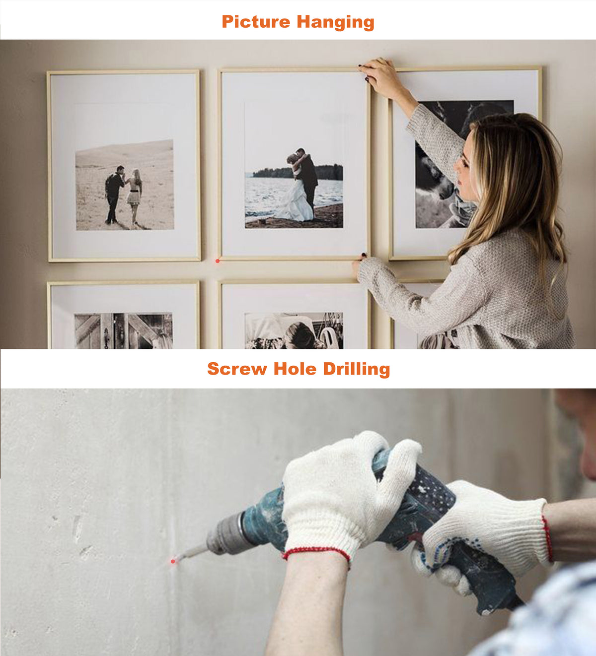 The laser measure in use for hanging a picture wall and for marking a screw hole before drilling