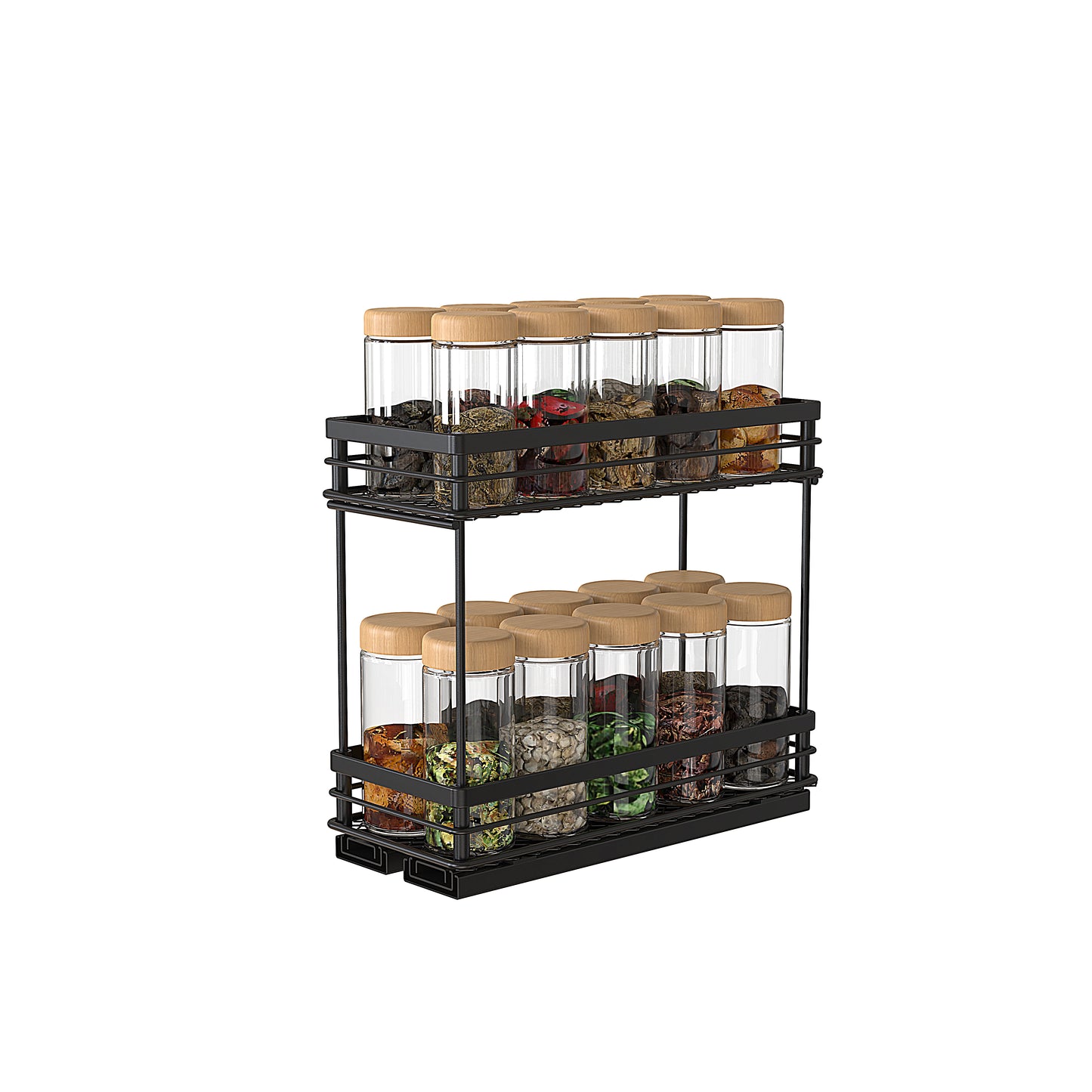 2-Tier narrow 11cm powder-coated steel pull-out spice rack, matte black, rack only with no jars included