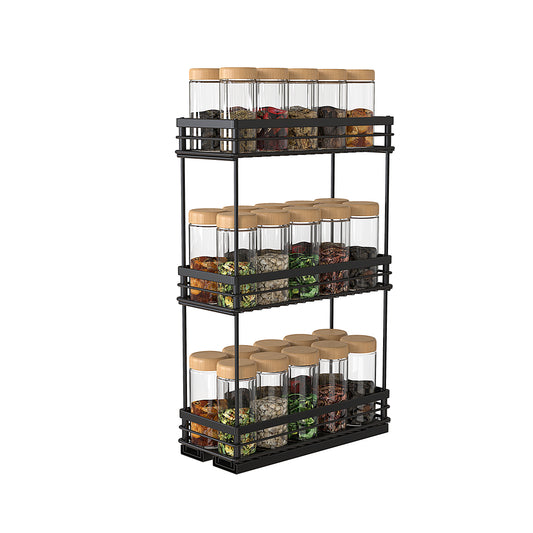 WarmyNest narrow 11cm pull-out spice rack in matte black powder-coated steel, mesh baskets, 3-tier