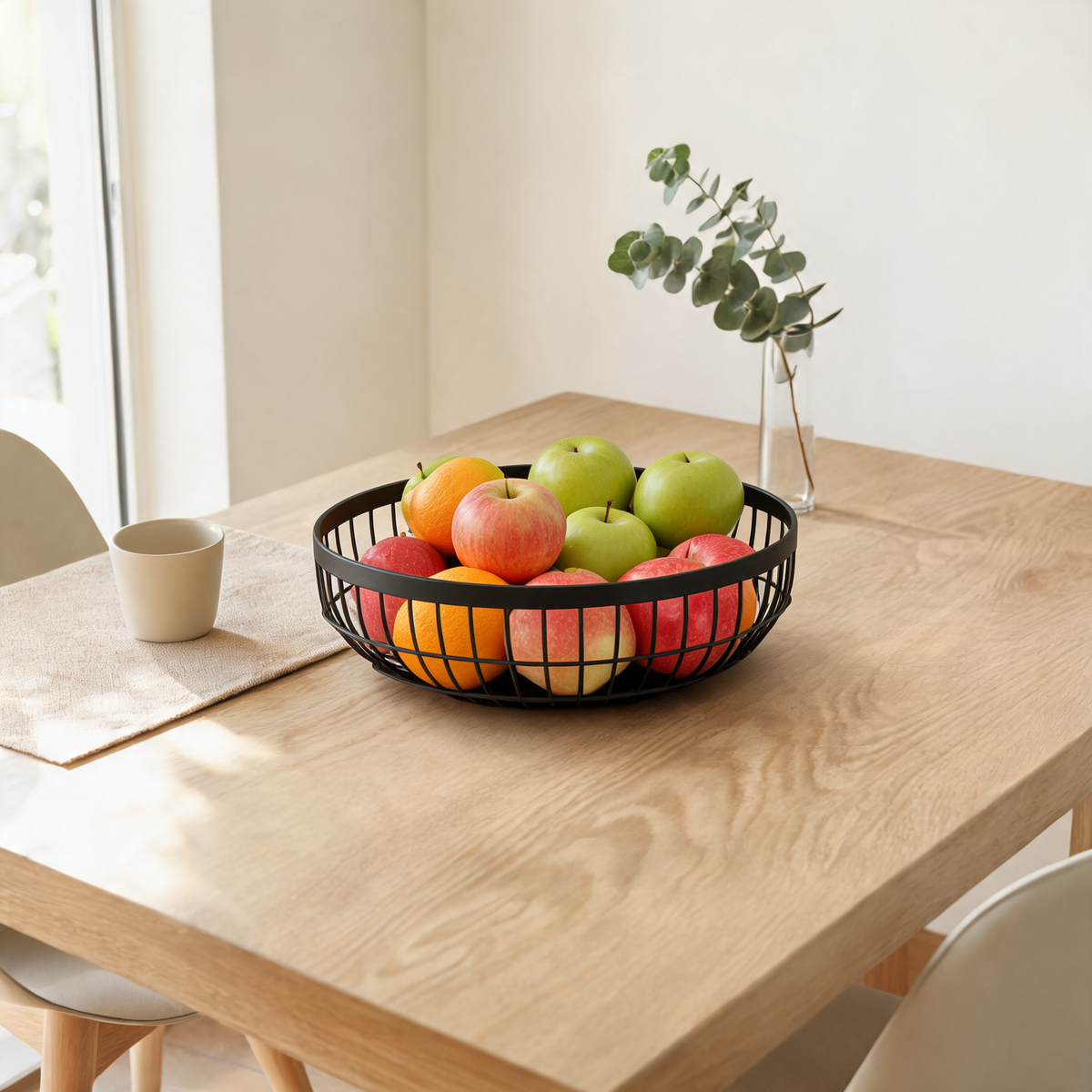 Round matte black fruit basket on a dining table, 30cm across and 10cm deep