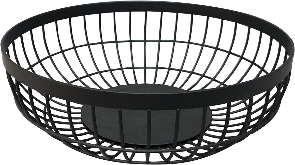 WarmyNest round wire fruit basket in matte black, empty, showing the open wire sides and low bowl shape