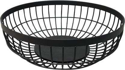 WarmyNest round wire fruit basket in matte black, empty, showing the open wire sides and low bowl shape