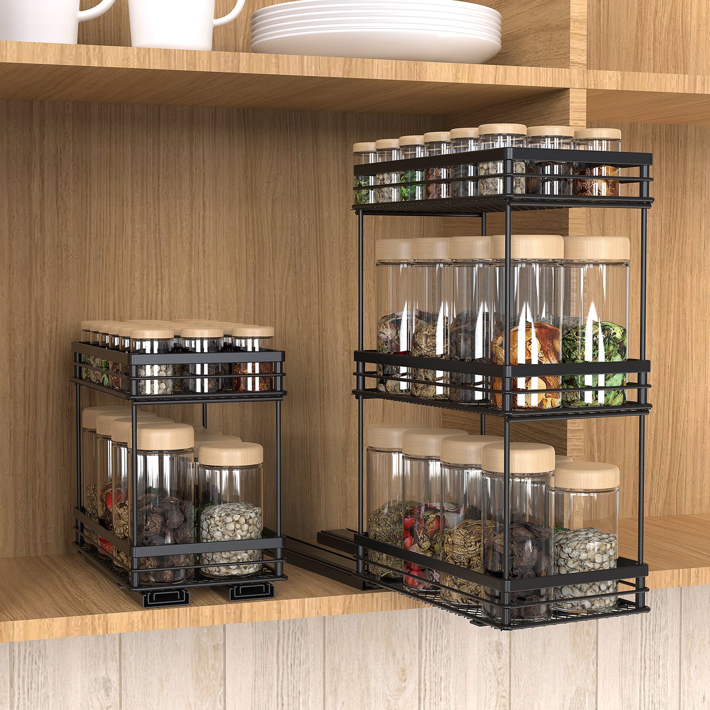 Wide pull-out spice racks holding sauce bottles and jars inside a kitchen cupboard