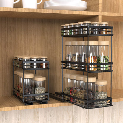 Wide pull-out spice racks holding sauce bottles and jars inside a kitchen cupboard