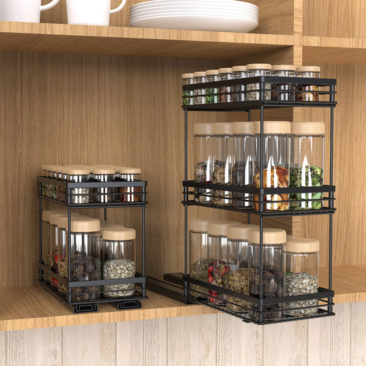 Wide pull-out spice racks holding sauce bottles and jars inside a kitchen cupboard