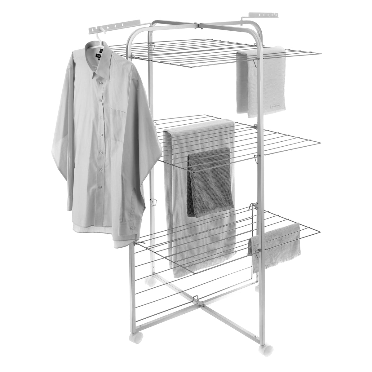 White aluminium tower clothes airer with three tiers of rails, shown with a shirt on a hanger and towels drying