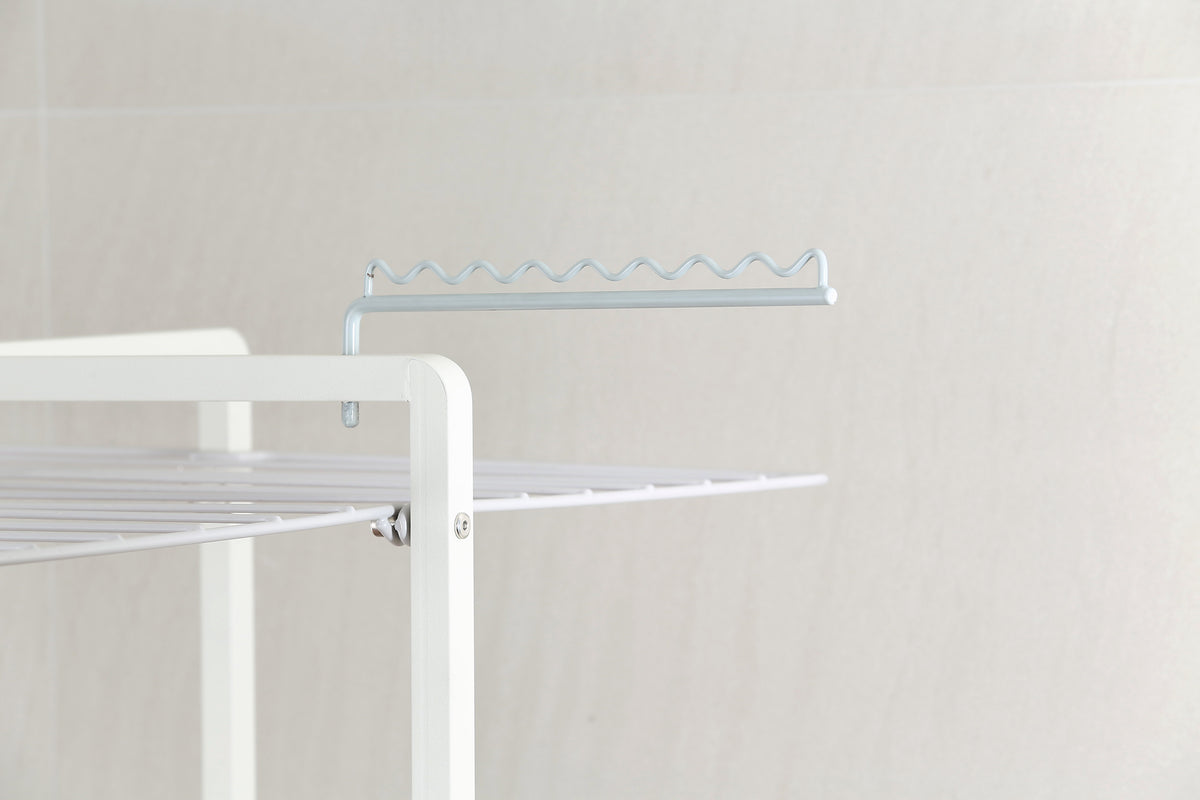 Close view of the polymer-coated steel rails and white aluminium frame of the tower clothes airer