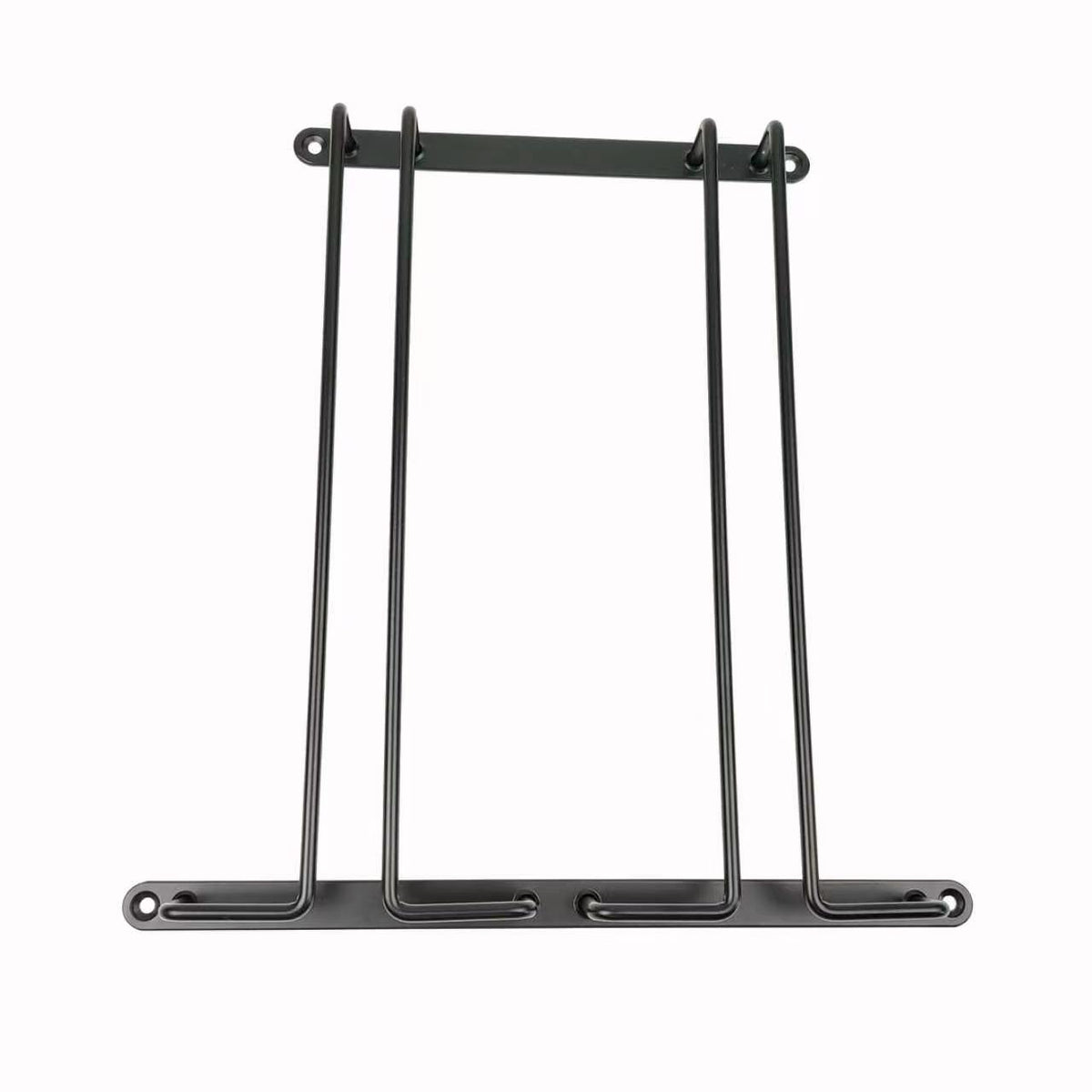 Under-shelf wine glass rack in matte black steel, front view, two flat mounting bars and four rails