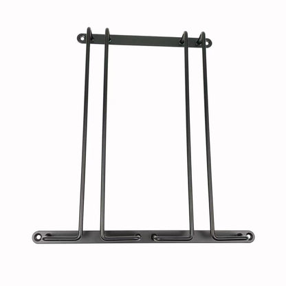 Under-shelf wine glass rack in matte black steel, front view, two flat mounting bars and four rails