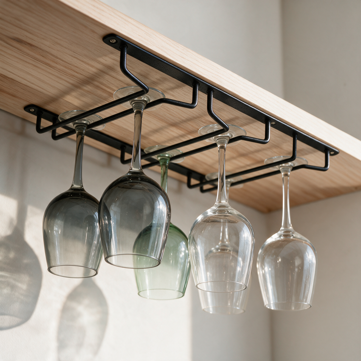 Matte black under-shelf wine glass rack fixed beneath an oak shelf, smoke and pale green stemmed glasses hanging upside down by the foot from its two rows of rails