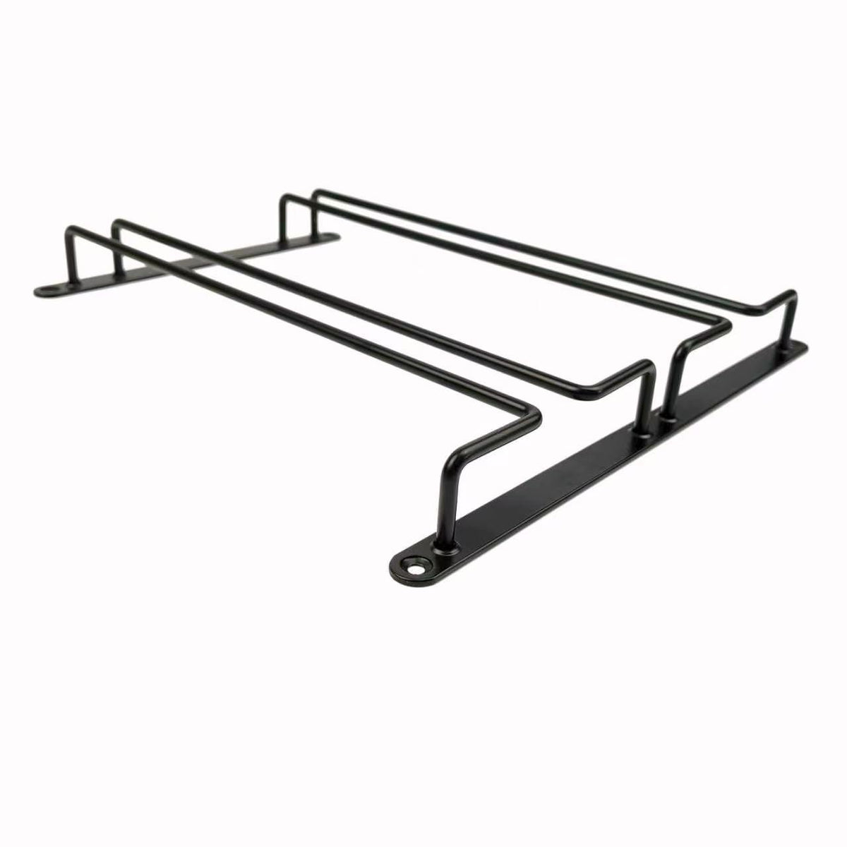 Matte black under-shelf wine glass rack at an angle, showing the two parallel rows and the countersunk mounting holes