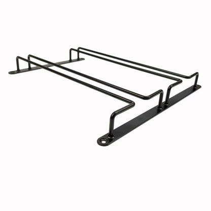 Matte black under-shelf wine glass rack at an angle, showing the two parallel rows and the countersunk mounting holes