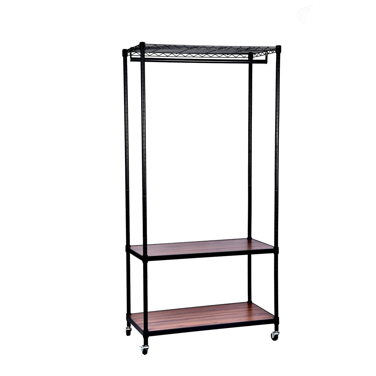 Three-tier black garment rack at an angle, hanging rail under a wire top shelf with two walnut-tone shelves below