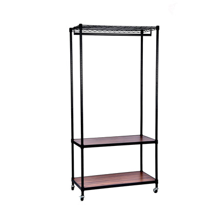 Three-tier black garment rack at an angle, hanging rail under a wire top shelf with two walnut-tone shelves below
