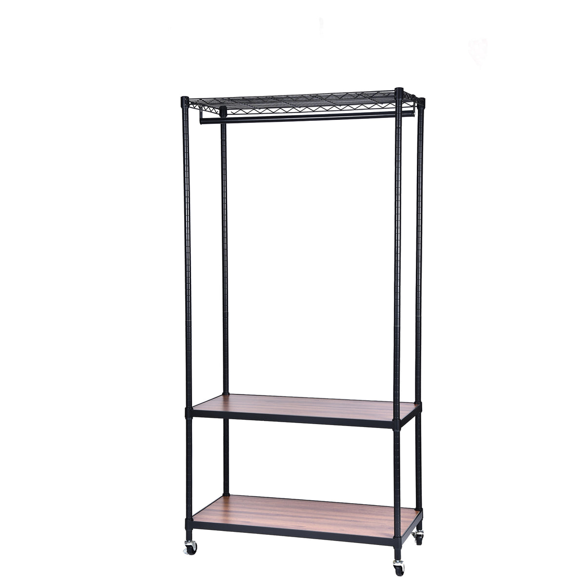 Three-tier garment rack, angled view, black metal frame on castors with a wire top shelf, a full-width hanging rail and two walnut-tone shelves