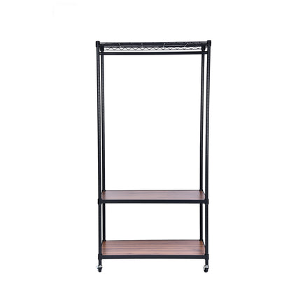 Three-tier garment rack, front view, black metal frame on castors with a full-width hanging rail