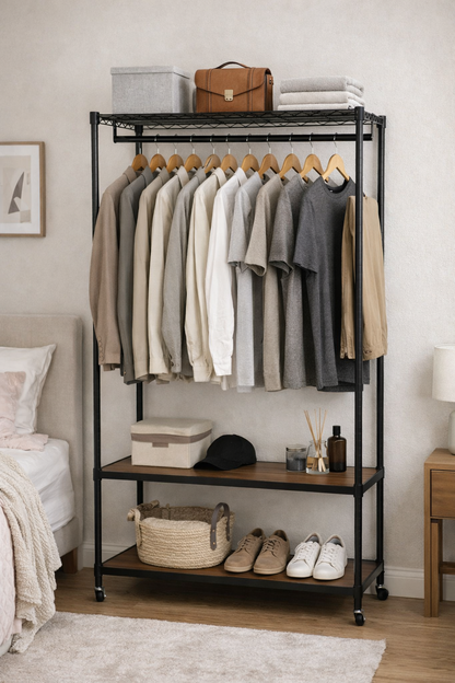 Three-tier black garment rack in a bedroom, a full-width rail of neutral shirts and knitwear, boxes and folded towels on the wire top shelf and shoes on the walnut-tone shelves below