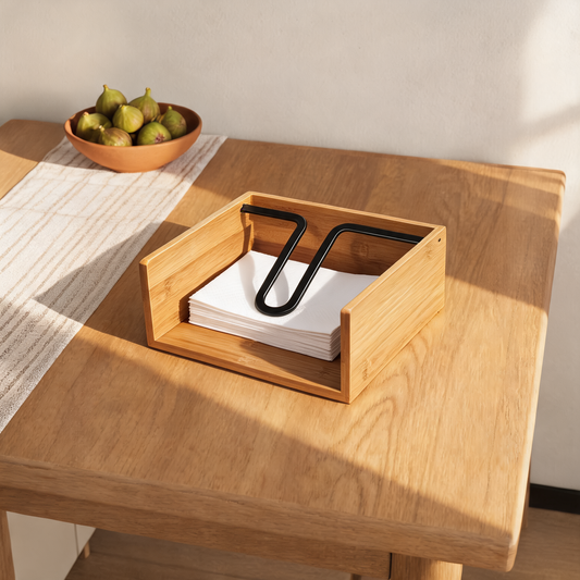 Bamboo serviette holder on a dining table, 19cm square and 9cm high