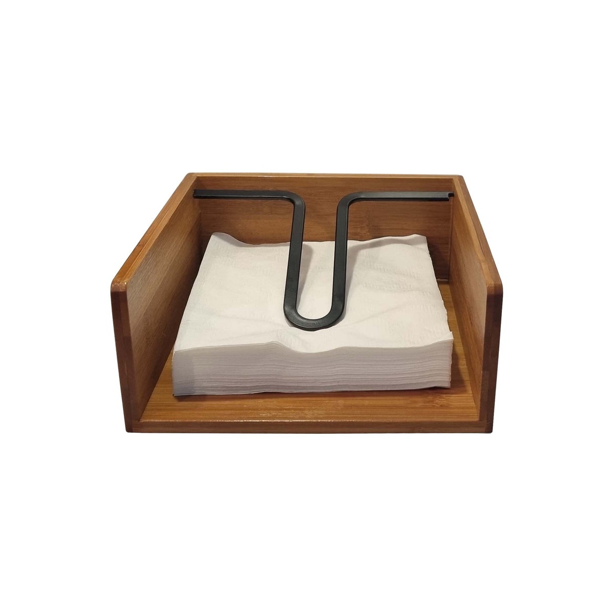 Close view of the coated black metal arm and the bamboo grain on the WarmyNest serviette holder