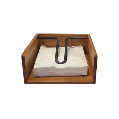 Close view of the coated black metal arm and the bamboo grain on the WarmyNest serviette holder