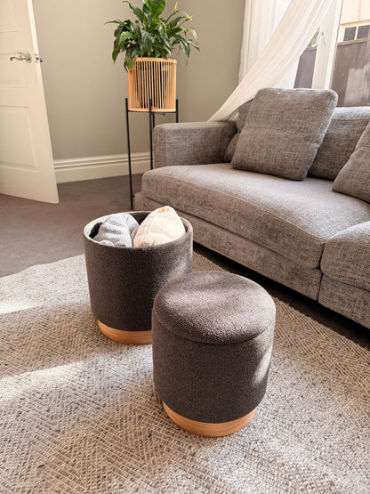 wn-shoot-filled boucle-fabric-round-storage-ottoman-stool-set-of-2-wood-base-dark-grey