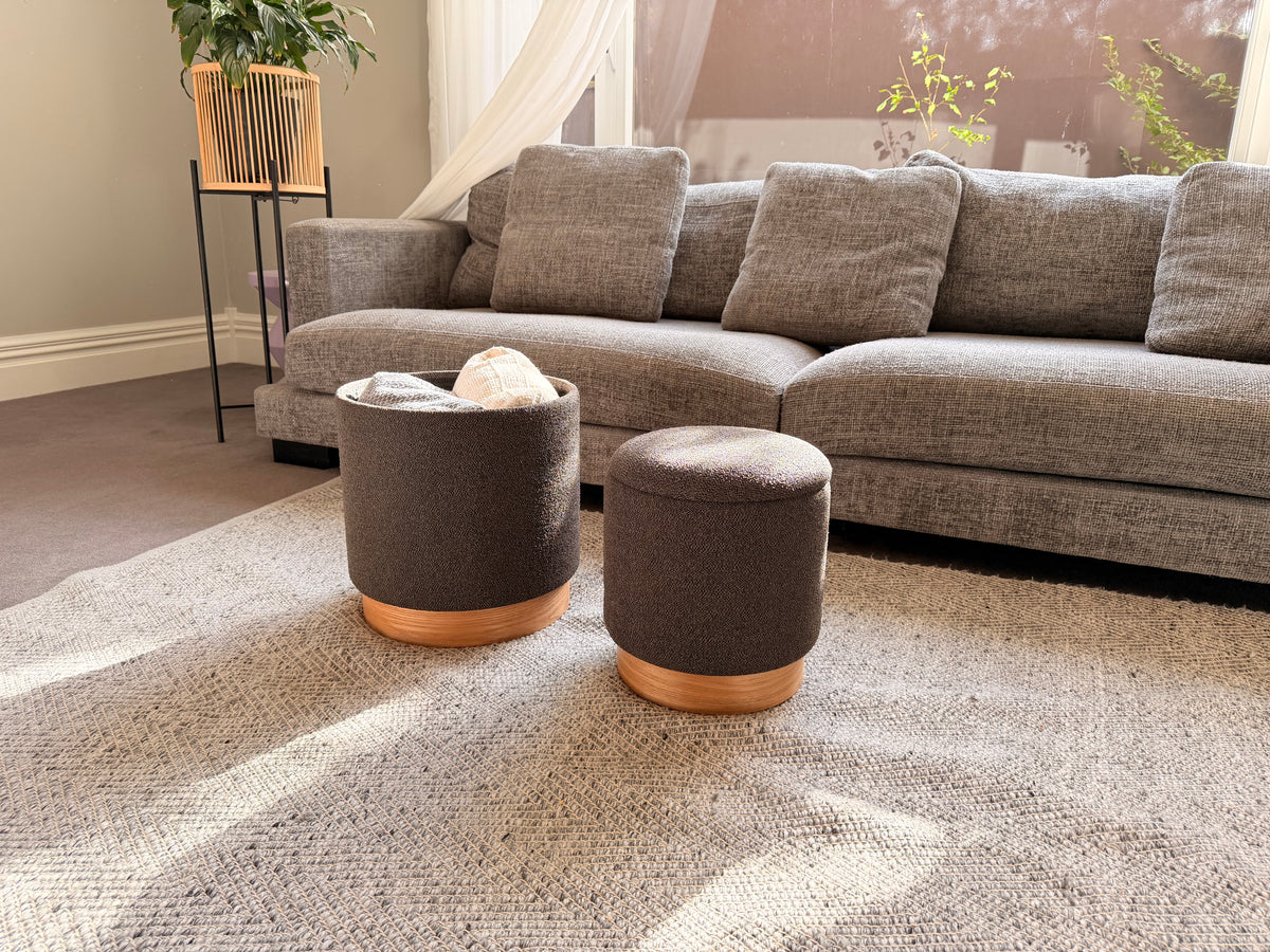 wn-shoot-room boucle-fabric-round-storage-ottoman-stool-set-of-2-wood-base-dark-grey