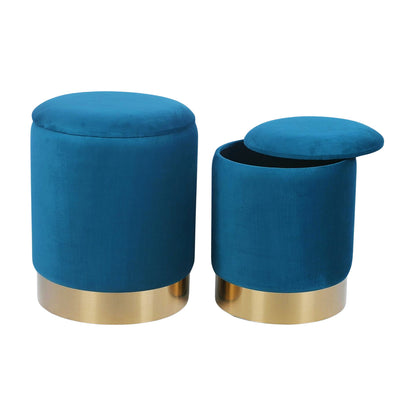 Velvet Round Storage Ottoman Set of 2 with Gold Base — Blue | 36cm & 31.5cm